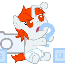 Size: 4320x4320 | Tagged: safe, artist:beavernator, oc, oc only, oc:karma, pony, absurd resolution, baby, baby pony, camera, diaper, question mark, reddit, simple background, solo, vector, white background