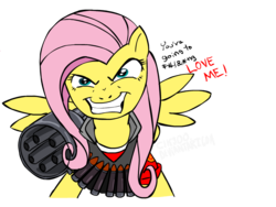 Size: 800x600 | Tagged: safe, artist:zev, fluttershy, pony, g4, evil smile, female, flutterbitch, flutterrage, grin, heavy weapons guy, heavyshy, holy shit, looking at you, simple background, smiling, solo, team fortress 2, transparent background, you're going to love me