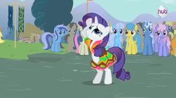 Size: 635x354 | Tagged: safe, screencap, applejack, bon bon, candy mane, carrot top, coco crusoe, doctor whooves, golden harvest, lemon hearts, linky, minuette, pokey pierce, rainbowshine, rarity, shoeshine, sweetie drops, time turner, earth pony, pony, g4, magic duel, hub logo