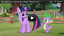 Size: 558x312 | Tagged: safe, edit, edited screencap, screencap, spike, twilight sparkle, g4, magic duel, season 3, hub logo, youtube, youtube link