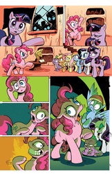 Size: 800x1236 | Tagged: safe, artist:andypriceart, idw, official comic, applejack, fluttershy, pinkie pie, rainbow dash, rarity, spike, twilight sparkle, earth pony, pegasus, pony, unicorn, g4, official, the return of queen chrysalis, spoiler:comic, clean, comic, eyeshadow, facehoof, female, floppy ears, infected, mare, shaun of the dead, slasher smile, slit throat gesture, textless, unicorn twilight, wide eyes