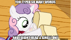 Size: 480x270 | Tagged: safe, edit, edited screencap, screencap, sweetie belle, pony, unicorn, g4, one bad apple, animated, caption, didn't read, female, gif, image macro, meme, reaction image, text, tl;dr