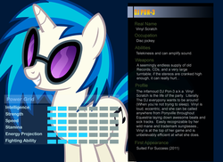 Size: 1100x800 | Tagged: safe, artist:pika-robo, dj pon-3, vinyl scratch, g4, bio, profile, ultimate marvel vs capcom 3