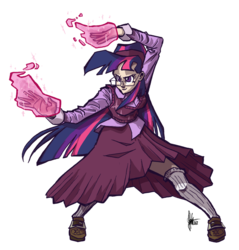 Size: 700x733 | Tagged: safe, artist:theartrix, twilight sparkle, human, g4, action pose, clothes, female, glasses, glowing hands, humanized, long skirt, magic, rule of cool, simple background, skirt, socks, solo, sweater vest, thigh highs, transparent background