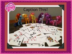 Size: 480x358 | Tagged: safe, applejack, fluttershy, pinkie pie, rainbow dash, rarity, twilight sparkle, g4, official, caption, caption this, card, irl, photo, toy