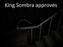 Size: 700x525 | Tagged: safe, king sombra, g4, barely pony related, genius loci, image macro, meme, no pony, scp foundation, scp-087, staircase, stairs, that pony sure does love stairs