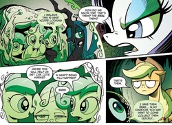 Size: 666x486 | Tagged: safe, idw, official comic, apple bloom, applejack, queen chrysalis, rarity, scootaloo, sweetie belle, earth pony, pony, g4, the return of queen chrysalis, spoiler:comic, applejack is not amused, cocoon, comic, eyeshadow, unamused