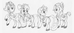 Size: 1000x447 | Tagged: safe, artist:xenon, apple bloom, babs seed, scootaloo, sweetie belle, g4, cutie mark crusaders, monochrome, sketch, unshorn fetlocks