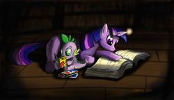 Size: 850x488 | Tagged: safe, artist:netraptor, spike, twilight sparkle, g4, reading