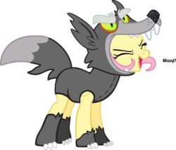 Size: 3512x3000 | Tagged: safe, artist:schaafii, fluttershy, pegasus, pony, g4, animal costume, clothes, costume, cute, eyes closed, female, flutteryay, mare, simple background, solo, transparent background, vector, wolf costume, woof, yay