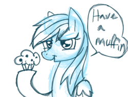 Size: 450x340 | Tagged: safe, artist:loosingreality, derpy hooves, pegasus, pony, g4, da muro, female, mare, monochrome, muffin, sketch