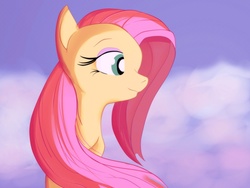 Size: 1280x960 | Tagged: safe, artist:eleganceliberty, artist:metaraymek, fluttershy, pony, g4, bust, female, portrait, sky, smiling, solo