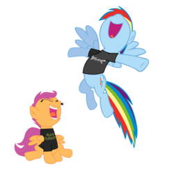 Size: 2160x2160 | Tagged: safe, artist:shadyhorseman, rainbow dash, scootaloo, g4, clothes, dragonforce, duo, eyes closed, heavy metal, iron maiden, open mouth, simple background, t-shirt, transparent background