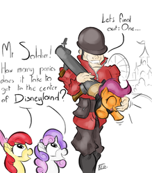 Size: 700x800 | Tagged: safe, artist:keentao, apple bloom, scootaloo, sweetie belle, human, g4, crossover, cutie mark crusaders, soldier, soldier (tf2), team fortress 2