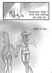 Size: 1500x2121 | Tagged: safe, artist:firstsky, fluttershy, rainbow dash, human, comic:crush, g4, clothes, comic, crush, female, humanized, lesbian, midriff, ship:flutterdash, shipping, sports bra, winged humanization