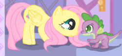 Size: 1026x474 | Tagged: safe, artist:xxsilvixx, fluttershy, spike, g4, duo