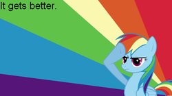 Size: 634x356 | Tagged: safe, rainbow dash, pegasus, pony, g4, abstract background, female, gay pride, gay pride flag, it gets better, lgbt, lgbtq, mare, message, positive message, positive ponies, pride, pride flag, rainbow, rainbow background, rainbow dash salutes, rainbow flag, salute, solo, text