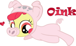 Size: 4997x3000 | Tagged: safe, artist:schaafii, apple bloom, earth pony, pony, g4, one bad apple, animal costume, clothes, costume, female, heart, pig costume, solo