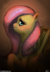 Size: 1336x1904 | Tagged: safe, artist:tarantad0, fluttershy, pegasus, pony, g4, bust, female, looking at you, mare, portrait, profile, raised hoof, solo, spread wings, wings