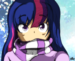 Size: 1500x1203 | Tagged: safe, artist:maoz, twilight sparkle, human, g4, clothes, colored, humanized, scarf, sketch, solo, winter