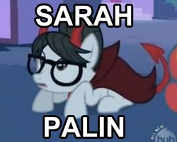 Size: 462x370 | Tagged: safe, edit, edited screencap, screencap, writing desk, devil, pony, g4, caption, costume, devil horns, glasses, image macro, nightmare night, sarah palin, solo