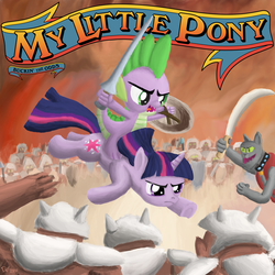 Size: 1000x1000 | Tagged: safe, artist:kefkafloyd, rover, spike, twilight sparkle, diamond dog, dragon, pony, unicorn, g4, album cover, army, dragons riding ponies, duo, female, lance, male, mare, molly hatchet, riding, scimitar, shield, spike riding twilight, sword, unicorn twilight