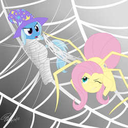 Size: 1280x1280 | Tagged: dead source, safe, artist:doodlebug, fluttershy, trixie, monster pony, original species, pony, spider, spiderpony, unicorn, g4, bondage, cocoon, covering ears, fangs, femsub, gagging, gritted teeth, mummification, one eye closed, open mouth, species swap, spider web, spidershy, submissive, the weak and powerless trixie, web gag