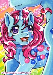 Size: 370x524 | Tagged: safe, artist:anniemsson, baby sweet tooth, sweet tooth (g1), pony, unicorn, g1, 2012, female, filly, foal, gradient background, heart, horn, looking at someone, mare, mother and child, mother and daughter, obtrusive watermark, offscreen character, open mouth, open smile, smiling, solo focus, watermark