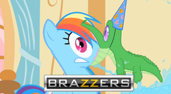 Size: 638x349 | Tagged: safe, edit, edited screencap, screencap, gummy, rainbow dash, alligator, pony, g4, party of one, brazzers, duo, female, hat, male, mare, meme, party hat