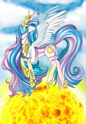 Size: 1280x1841 | Tagged: safe, artist:siberwar, princess celestia, alicorn, pony, g4, clothes, corset, female, high heels, horn, horn jewelry, jewelry, lingerie, necklace, shoes, solo, stockings, sun, tangible heavenly object