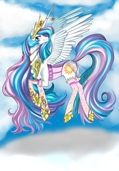 Size: 1280x1841 | Tagged: safe, artist:siberwar, edit, princess celestia, alicorn, pony, g4, clothes, cloud, cloudy, corset, female, flying, horn, horn jewelry, jewelry, lingerie, solo, stockings, thigh highs