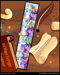 Size: 1086x1364 | Tagged: safe, artist:ratofdrawn, princess celestia, twilight sparkle, alicorn, pony, unicorn, g4, blushing, book, duo, eyes closed, female, hat, implied sparity, ink, kissing, lesbian, letter, mare, party hat, photo booth, photoshop, quill, scroll, ship:twilestia, shipping, unicorn twilight