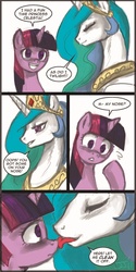 Size: 640x1280 | Tagged: dead source, safe, artist:johnjoseco, artist:rainygami, princess celestia, twilight sparkle, alicorn, pony, unicorn, princess molestia, g4, comic, female, horn, lesbian, licking, mare, ship:twilestia, shipping, tongue out, unicorn twilight