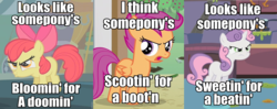 Size: 1344x534 | Tagged: safe, edit, edited screencap, screencap, apple bloom, scootaloo, sweetie belle, earth pony, pegasus, pony, unicorn, bridle gossip, g4, one bad apple, sisterhooves social, caption, cute, cutie mark crusaders, frown, glare, horn, image macro, looks like somepony's, pouting