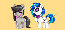 Size: 900x417 | Tagged: safe, artist:eseti, dj pon-3, octavia melody, vinyl scratch, g4, female, lesbian, pouting, ship:scratchtavia, shipping