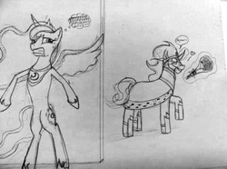 Size: 480x358 | Tagged: safe, artist:tediz-leader, king sombra, princess luna, alicorn, pony, unicorn, g4, bouquet of flowers, female, implied lumbra, male, monochrome, one sided shipping, ship:lumbra, shipping, straight