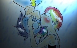 Size: 800x500 | Tagged: safe, artist:vividorchid, rainbow dash, soarin', human, g4, female, humanized, kissing, male, parody, reference, ship:soarindash, shipping, spider-man, straight, upside down kiss