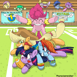 Size: 2000x2000 | Tagged: safe, artist:phyrexianrevoker, applejack, fluttershy, pinkie pie, rainbow dash, rarity, twilight sparkle, g4, football, sports, sunglasses, water wings, wrong eye color