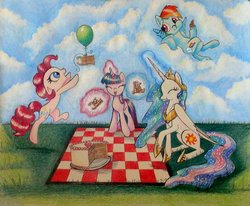 Size: 1024x842 | Tagged: safe, artist:snakehands, pinkie pie, princess celestia, rainbow dash, twilight sparkle, g4, balloon, cake, cakelestia, concave belly, picnic, slender, thin