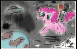 Size: 737x473 | Tagged: safe, artist:kingflurry, pinkie pie, g4, balloon, floating, planet, then watch her balloons lift her up to the sky, ufo