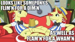 Size: 960x540 | Tagged: safe, edit, edited screencap, screencap, flam, flim, pony, unicorn, g4, my little pony: friendship is magic, the super speedy cider squeezy 6000, caption, couch, flim flam brothers, hoof hold, looks like somepony's, male, mug, stallion, text