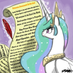 Size: 900x900 | Tagged: safe, artist:johnjoseco, princess celestia, alicorn, pony, g4, female, levitation, list, magic, mare, quill, scroll, smiling, solo, telekinesis, trollestia