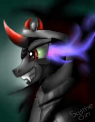 Size: 700x900 | Tagged: dead source, safe, artist:scythegirl, king sombra, pony, unicorn, g4, abstract background, bust, male, signature, smiling, solo, stallion