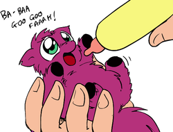 Size: 518x394 | Tagged: safe, artist:halonut, artist:marcusmaximus, fluffy pony, pony, baby bottle, cute, fluffy pony foal, holding a pony, hugbox, in goliath's palm, on back, open mouth, smiling