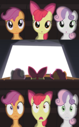 Size: 800x1290 | Tagged: safe, apple bloom, scootaloo, sweetie belle, earth pony, pony, g4, cutie mark crusaders, exploitable meme, foal, meme, theater meme