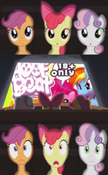 Size: 800x1290 | Tagged: safe, apple bloom, scootaloo, sweetie belle, earth pony, pony, g4, exploitable meme, foal, meme, theater meme