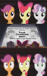 Size: 800x1290 | Tagged: safe, apple bloom, scootaloo, sweetie belle, earth pony, pony, g4, exploitable meme, foal, meme, movie meme, sex education, theater meme