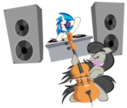 Size: 900x762 | Tagged: safe, artist:bronycurious, dj pon-3, octavia melody, vinyl scratch, earth pony, pony, unicorn, g4, cello, duo, duo female, female, horn, mare, musical instrument, simple background, transparent background, turntable