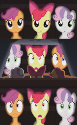 Size: 800x1290 | Tagged: safe, apple bloom, scootaloo, sweetie belle, earth pony, pony, g4, cutie mark crusaders, exploitable meme, foal, inception, meme, theater meme