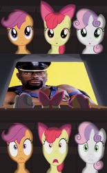 Size: 372x600 | Tagged: safe, apple bloom, scootaloo, sweetie belle, earth pony, pony, g4, black overlord, exploitable meme, foal, meme, movie meme, photo, theater meme